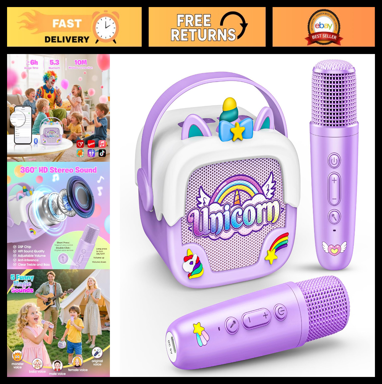 Portable Mini Karaoke Machine for Kids - Unicorn Bluetooth Speakers & 2 Wireless