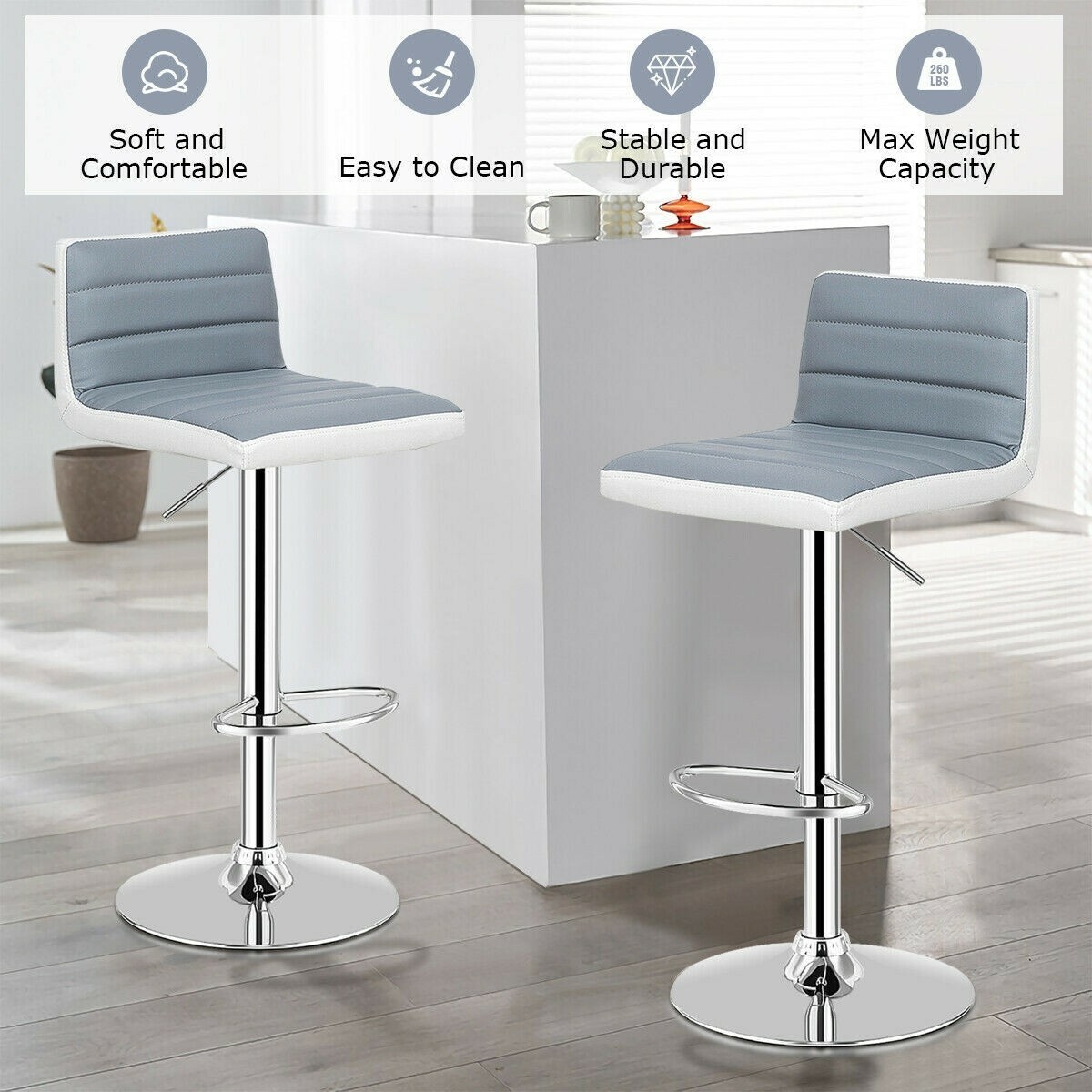 Set of 2 Adjustable Height Barstool with PU Leather