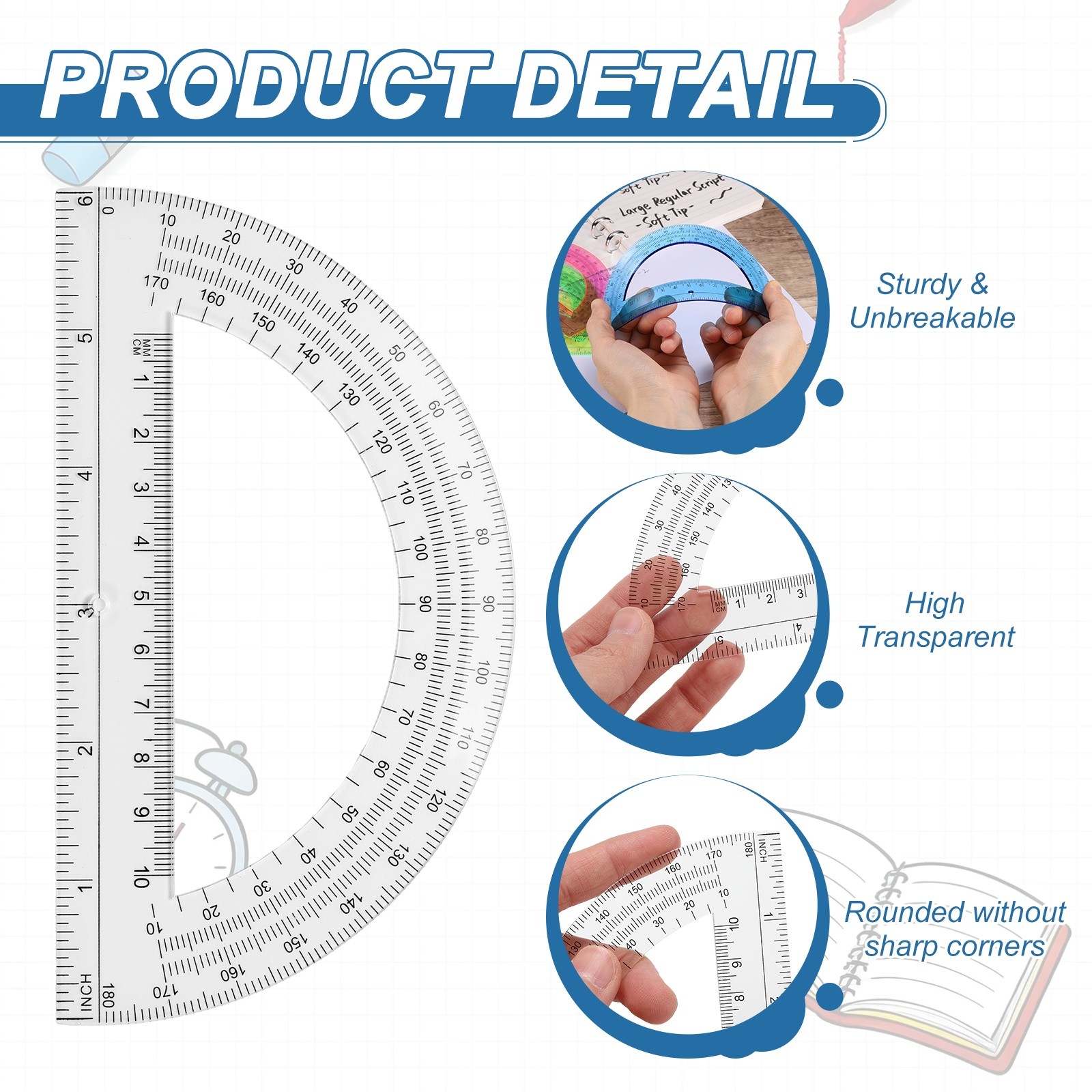 Plastic Protractor, 6 Pack Protractors 6 Inch 180 Degrees Math Tool, Transparent