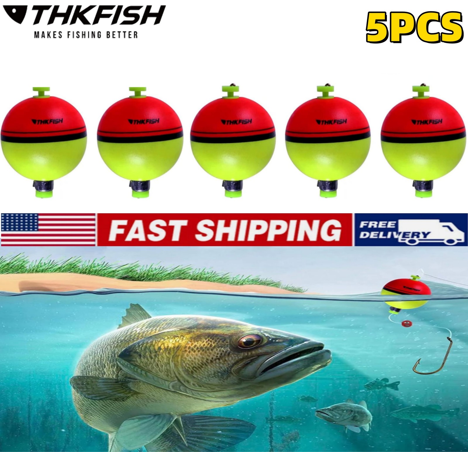 5PCS Fishing Bobbers EVA Foam Round Floats Red/Green Snap-On Spring Fishing US