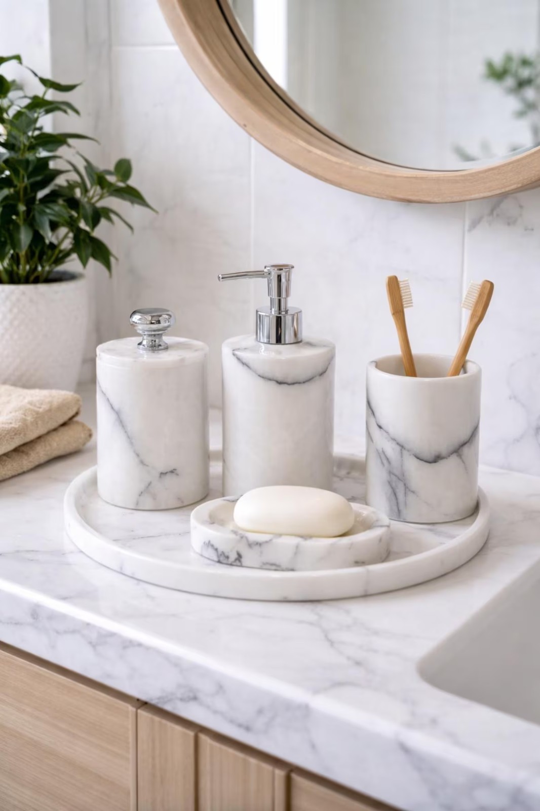 5 - Piece White & grey veins marble bathroom accessories set