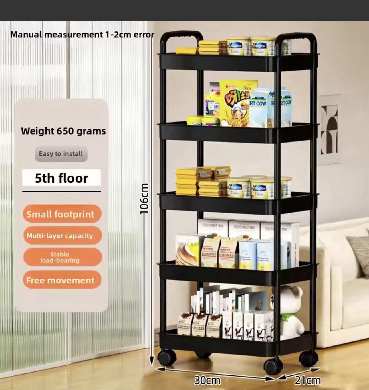 1pc Black 5 Layers Kitchen Storage Shelf Mobile Trolley Floor Standing