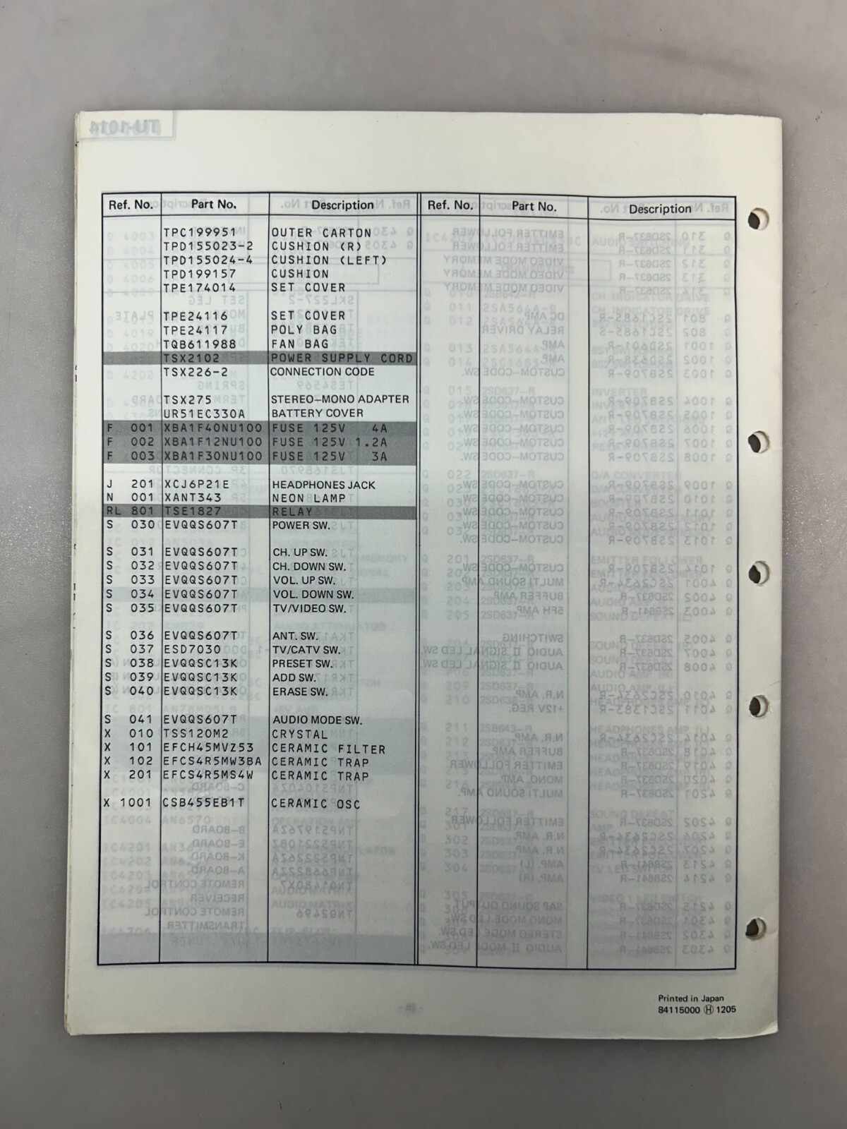 Panasonic TU-1014 Original Service Manual Free Shipping