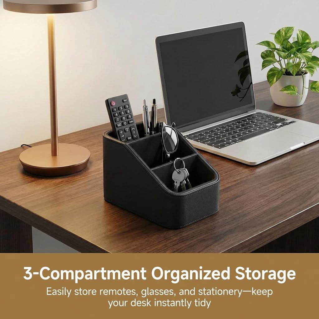 TsicTolg PU Leather Remote Control Holder for Table, 3-Compartment Black