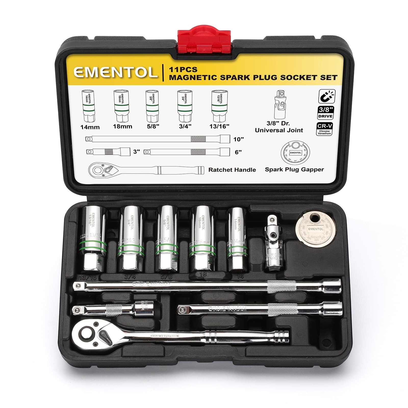 EMENTOL 11Pc 3/8" Drive Magnetic Spark Plug Socket Set Ratchet Extension Kit