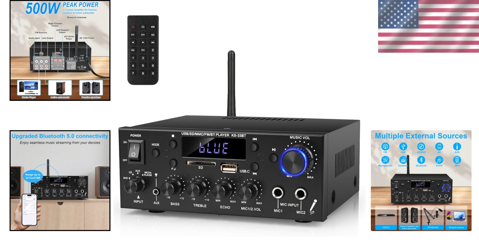 Compact 500W Audio Amplifier with Bluetooth