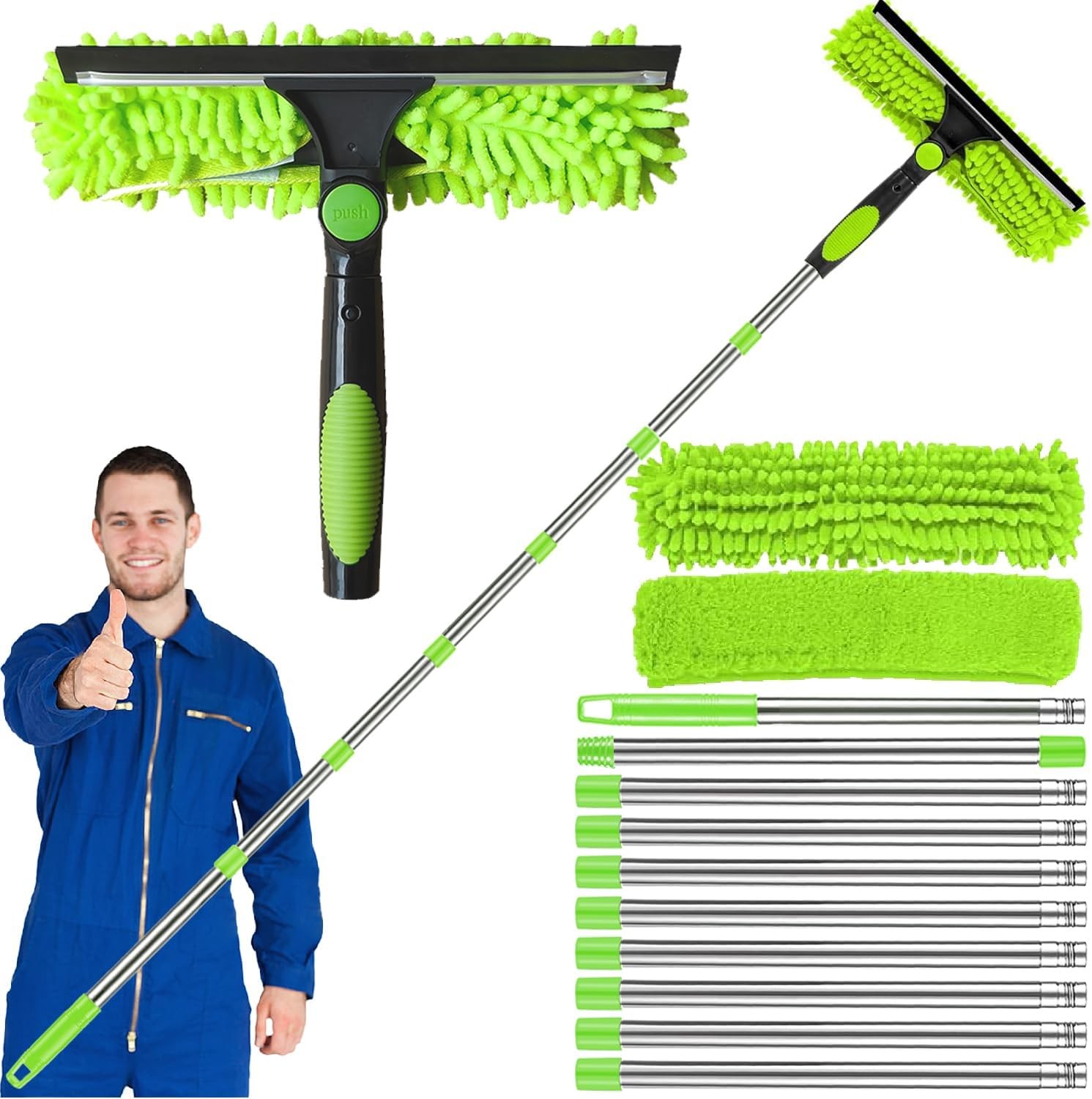 10-Section Telescopic Window Cleaner Pole with 2 Microfiber Pads & Squeegee