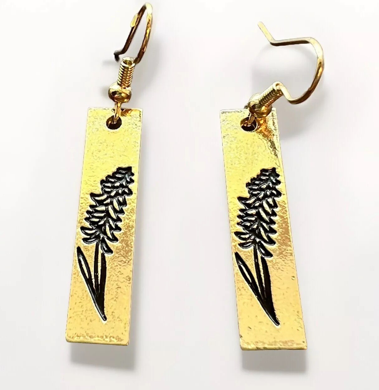 VTG Botanical Bar Dangle Earrings Gold Tone Black Enamel Lilac Modern Fireweed