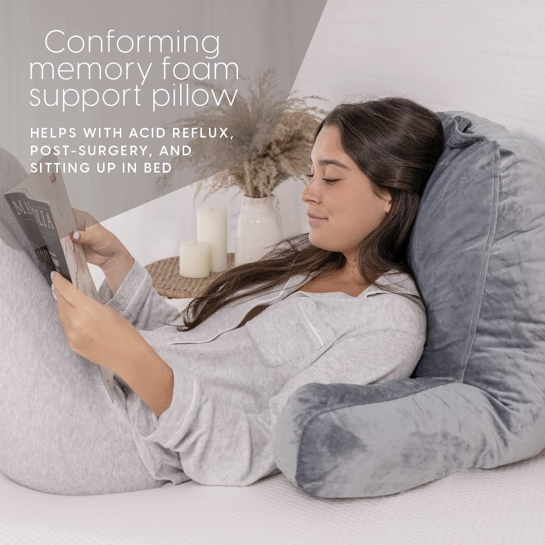 Memory Foam Back Pillow, Arms For Support, Washable Cover, Grey