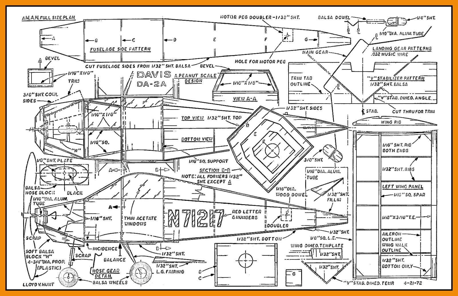 Peanut Scale Model Airplane Plans (FF): Davis DA-2A 13" Wingspan Rubber-Powered