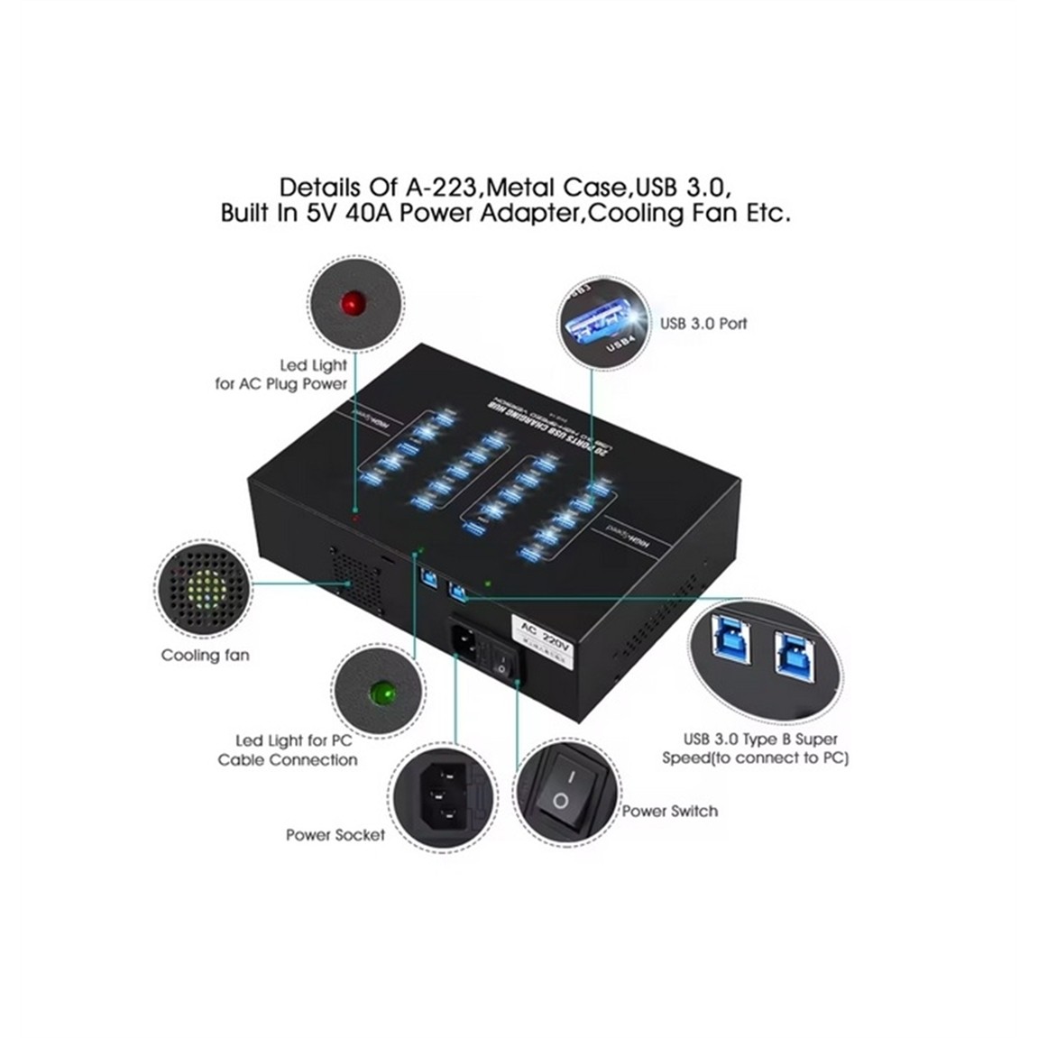 Sipolar a223 20 Ports 5GB Speed USB 3.0 (5Gbps) 20 Ports, Black - Preowned