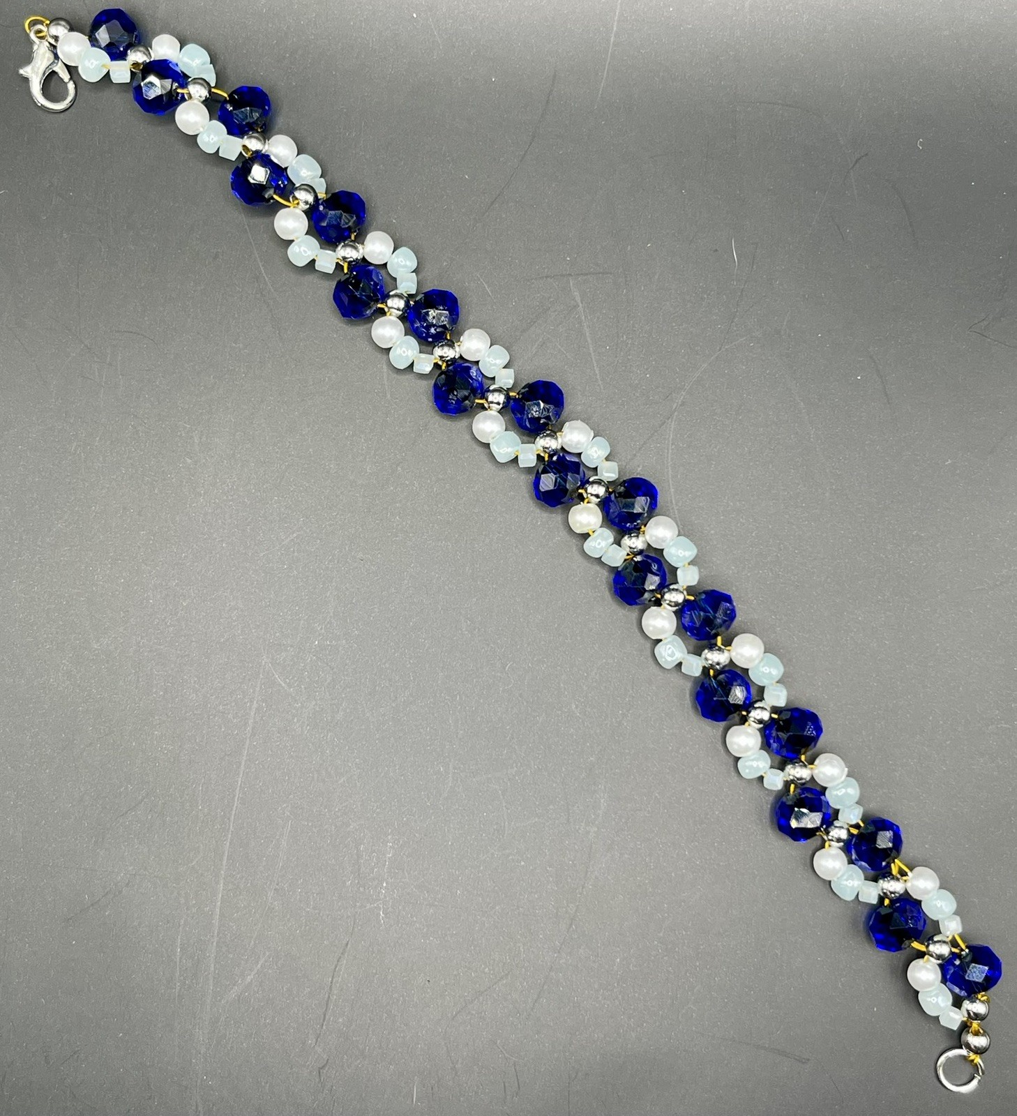 Handmade Beaded Bracelet. Blues and white.
