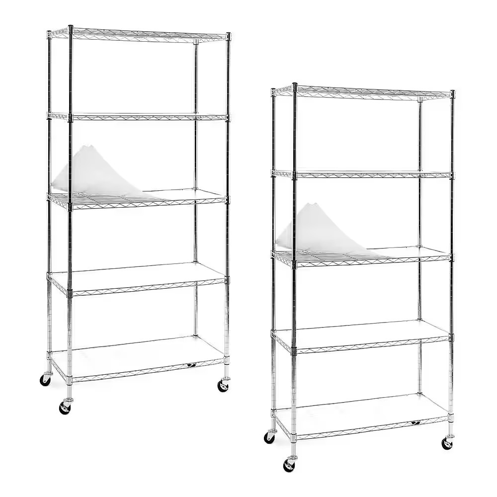 Chrome 5-Tier Rolling Carbon Steel Wire Garage Storage Shelving Unit Casters (2-