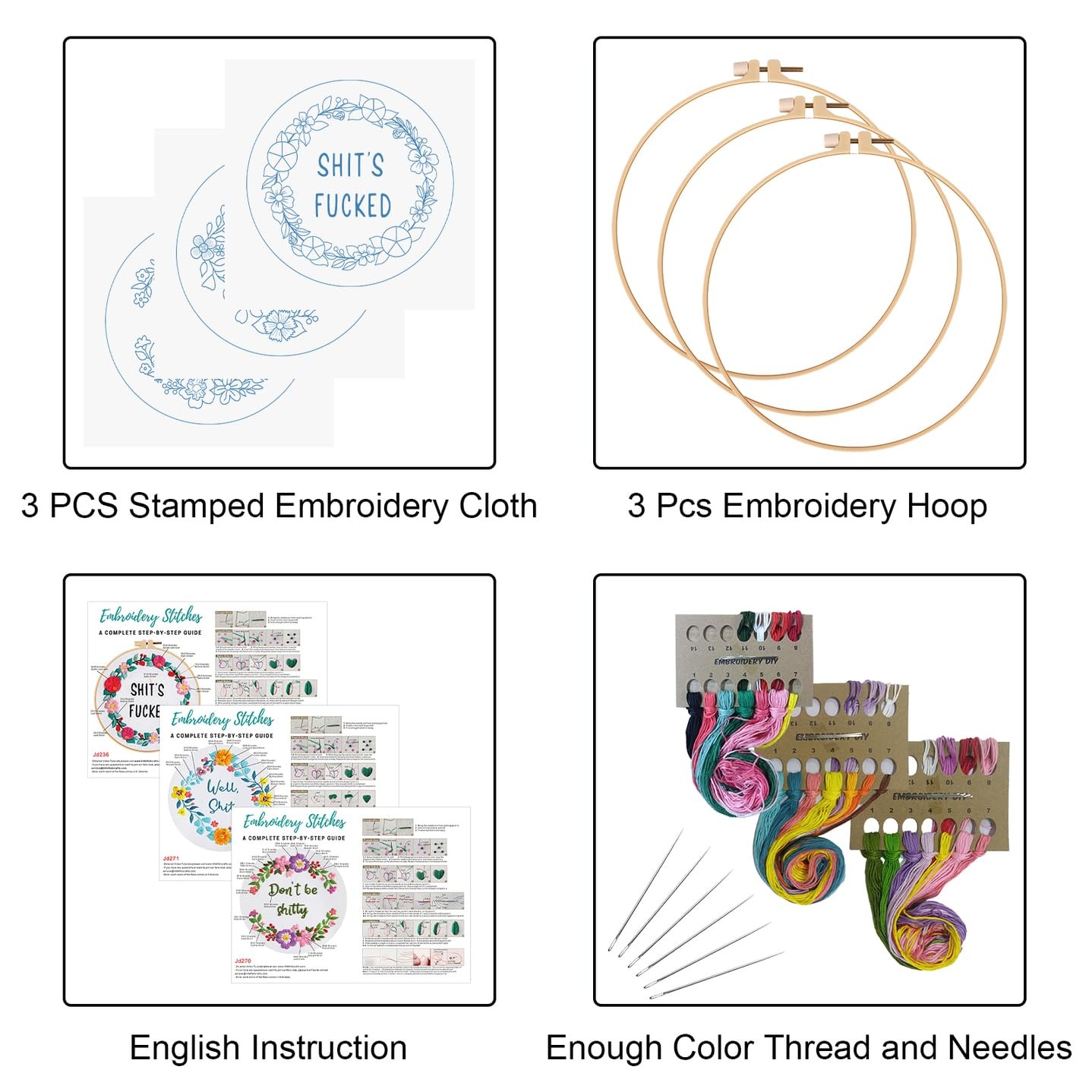 Louise Maelys 3 Sets Funny Embroidery Kits for 22 cm x 23 x 4 cm, kit-12