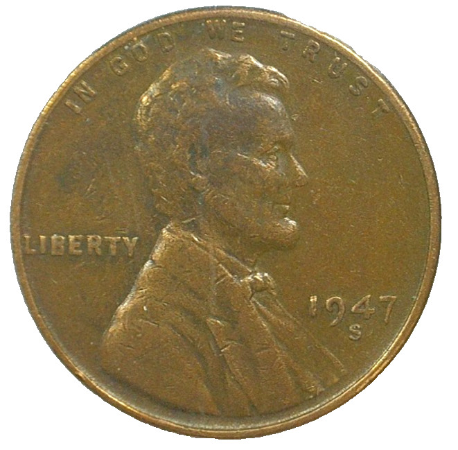 WORLD COIN SALE--1947 S  UNITED STATES ONE CENT WHEATBACK COPPER COIN-KM#A132