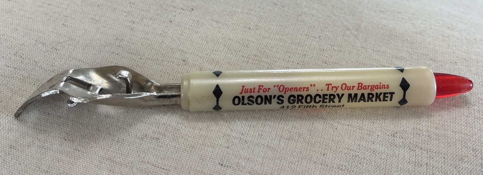 VTG Bottle Opener Olson’s Grocery Market Salesman Sample Home Bar Red Black Adv