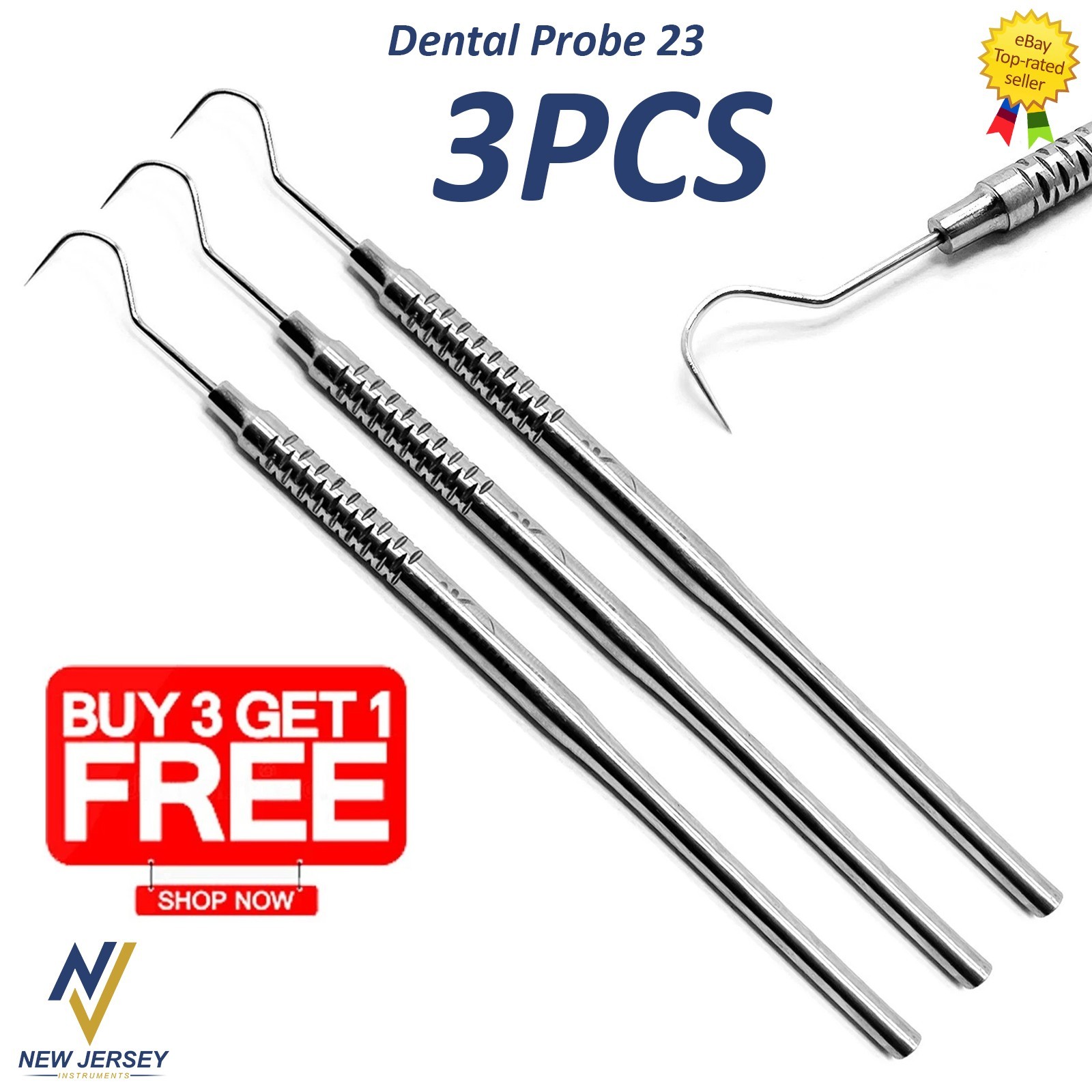 Single Ended Dental Explorer #23 Shepherds Hook Probe Dental Instrument 3 Pcs