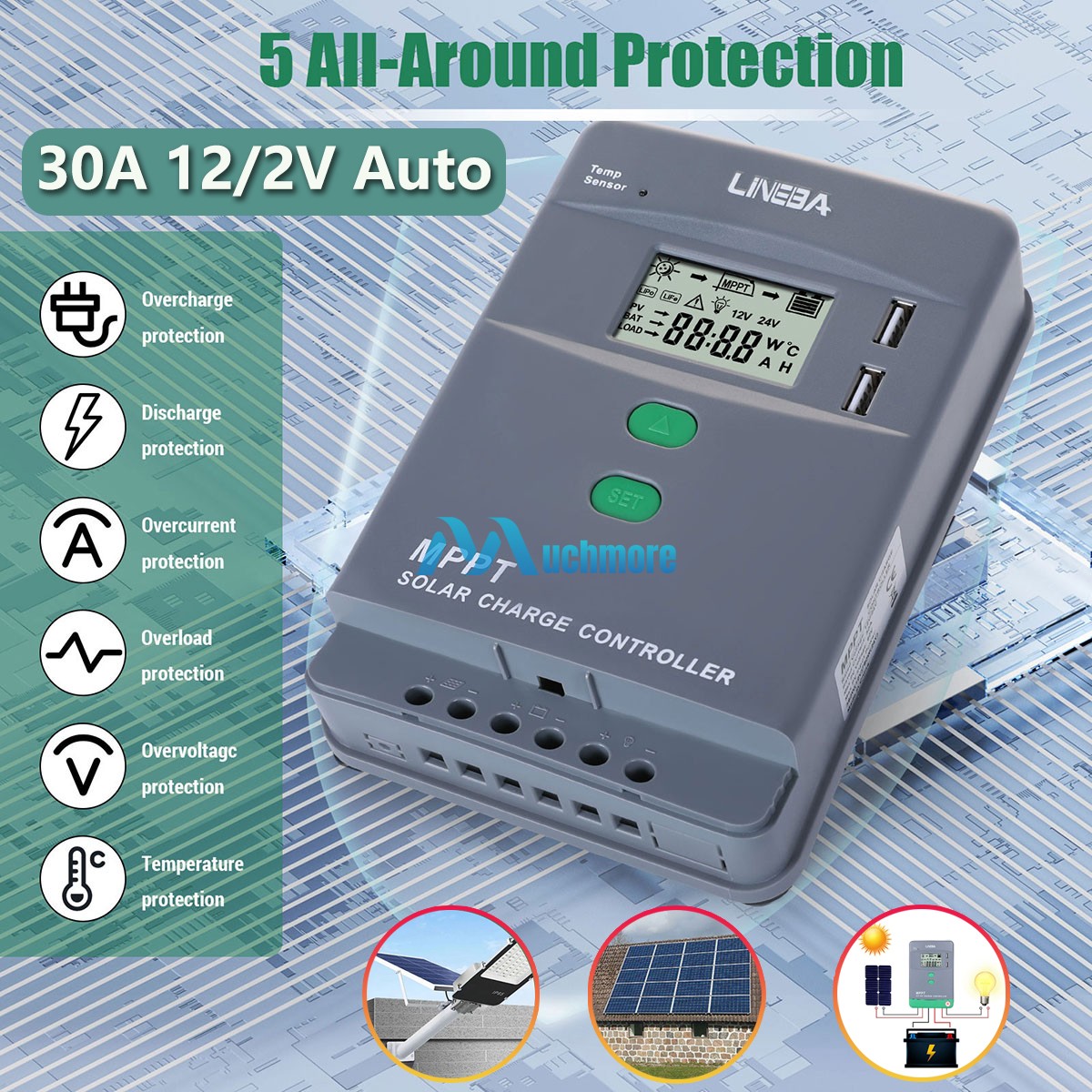 30A MPPT 12V 24V Solar Charge Controller with LCD Display Auto Regulator 2 USB