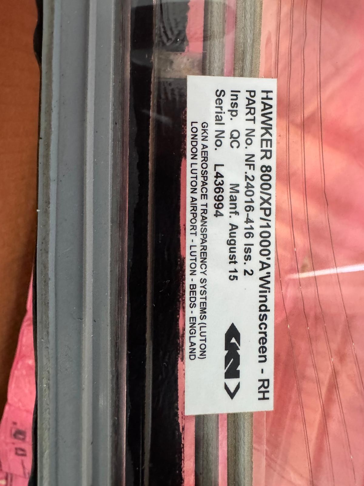 Hawker 800XP Windshield RH P/N NF24016-16 – Parts / Repair – No 8130