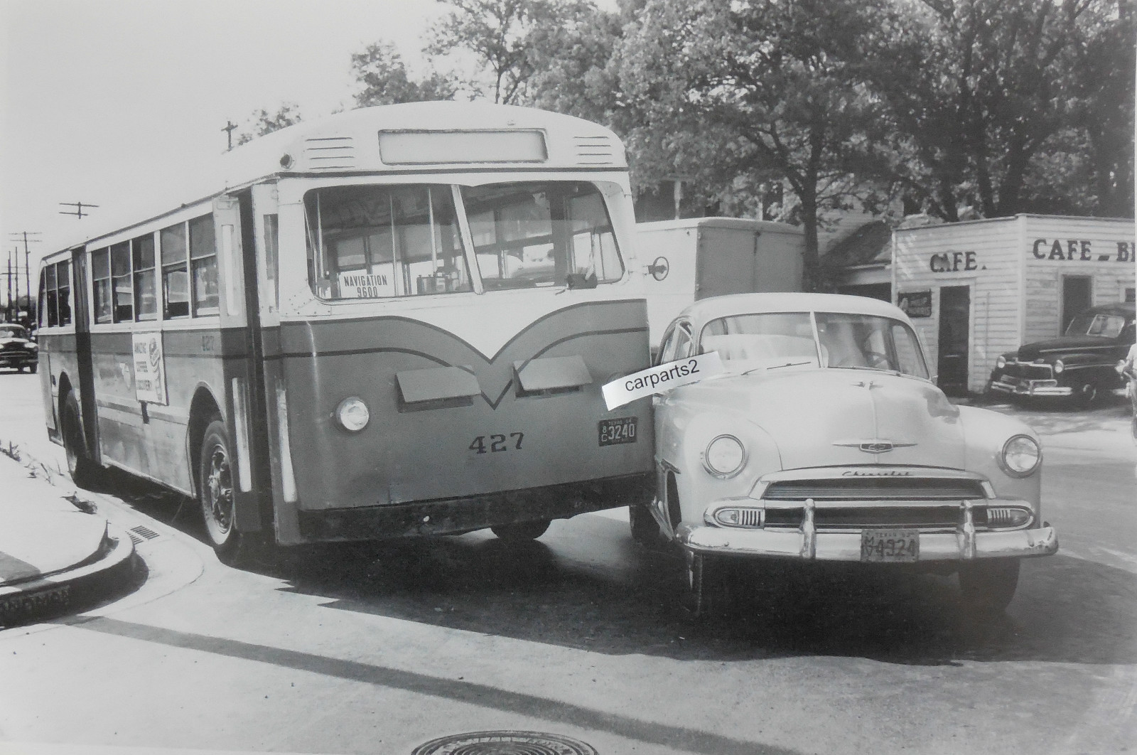 1951 Chevrolet and Bus in accident 12 x 18" Black & White Picture