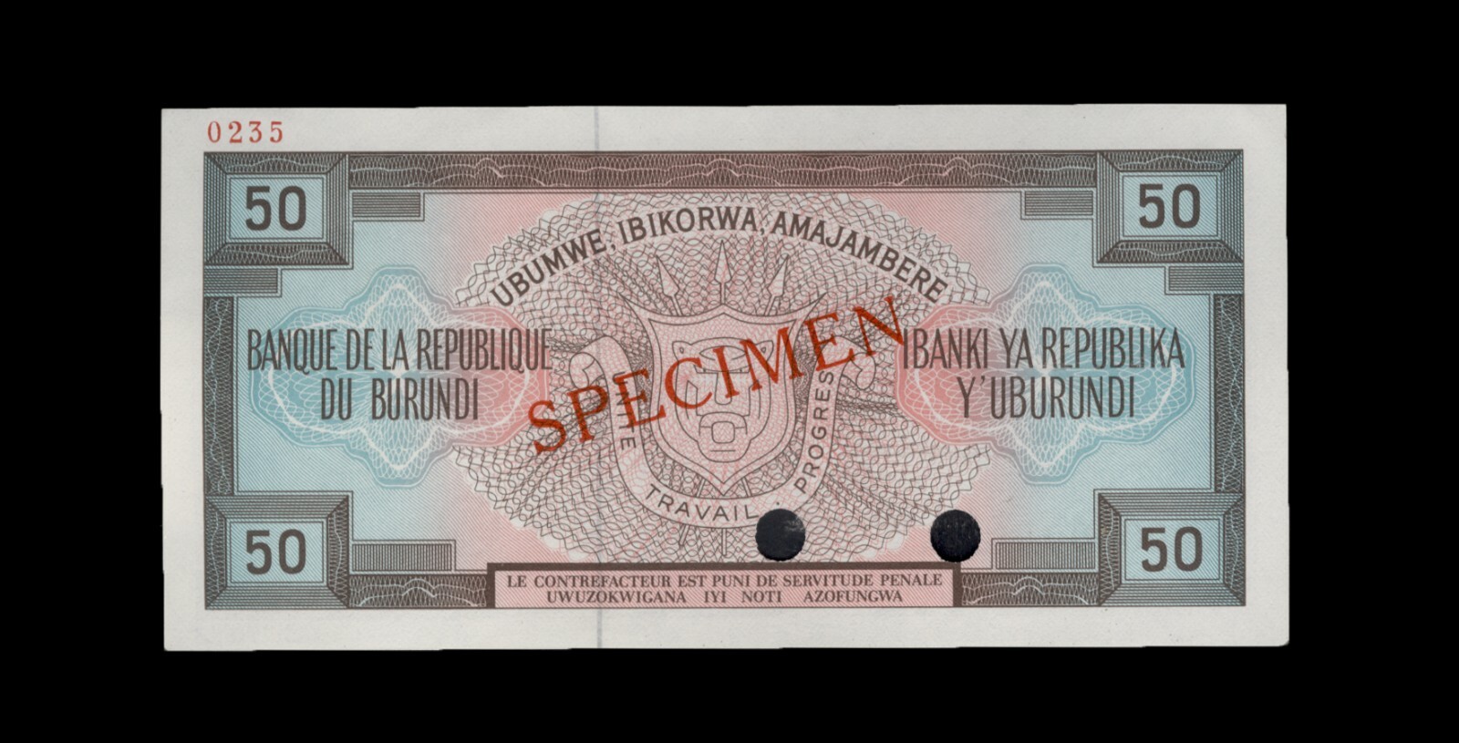 Burundi P28as, Specimen Banknote.