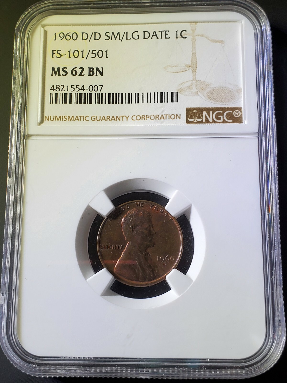 1960-D/D Lincoln Cent Small/Large Date FS-101/501 | NGC MS62 BN | RPM