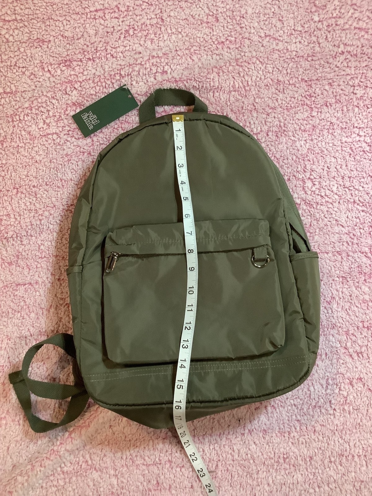 Olive Green Backpack with Front Pocket and Side Pouch