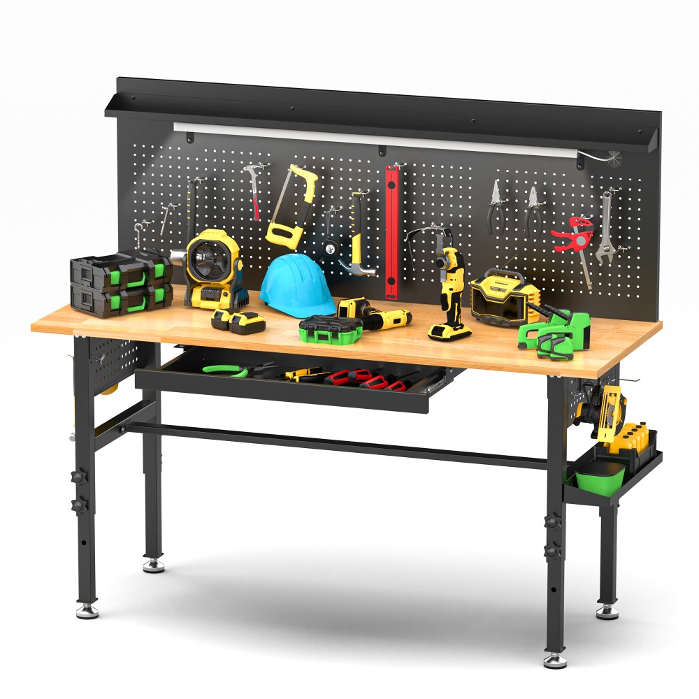 60" Adjustable Workbench w/ Drawers, 2000lb Cap, LED Light, Outlet