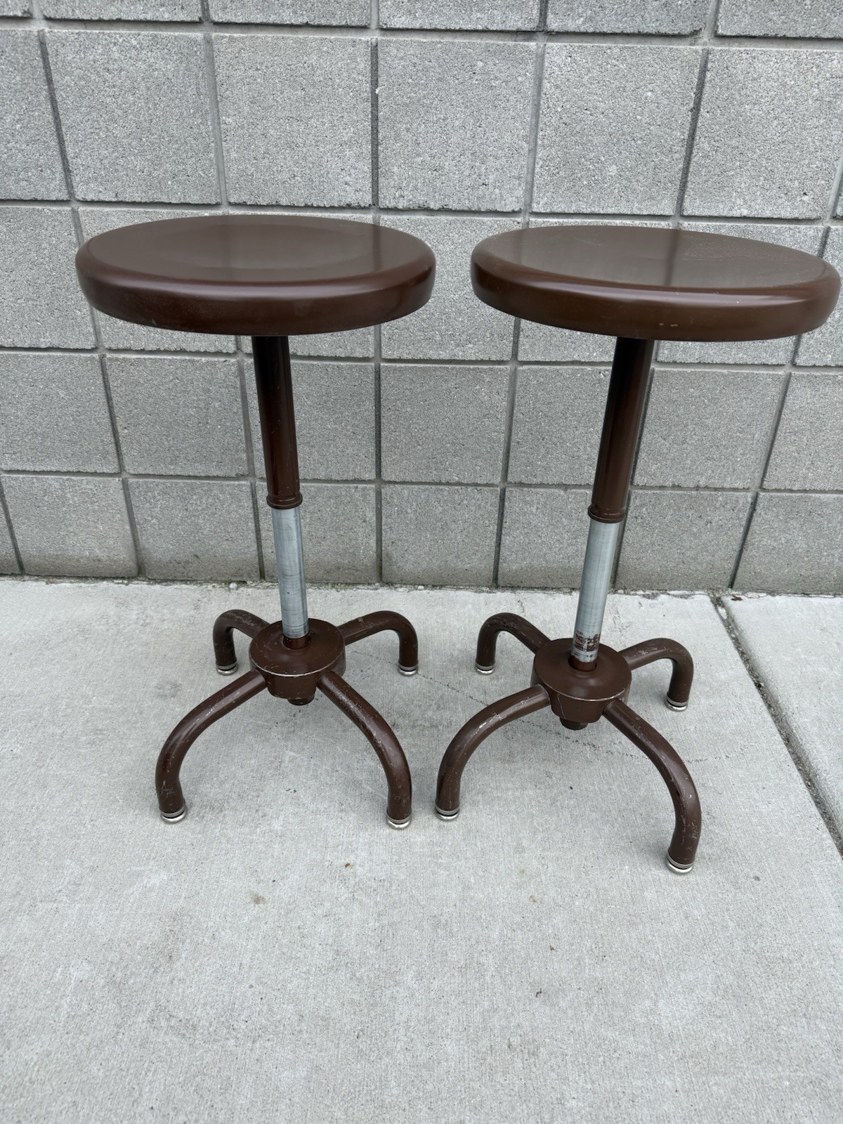 Pair Of Vintage Steel AJUSTO Up Down Swivel Industrial Bar Stools - Lots Of Wear