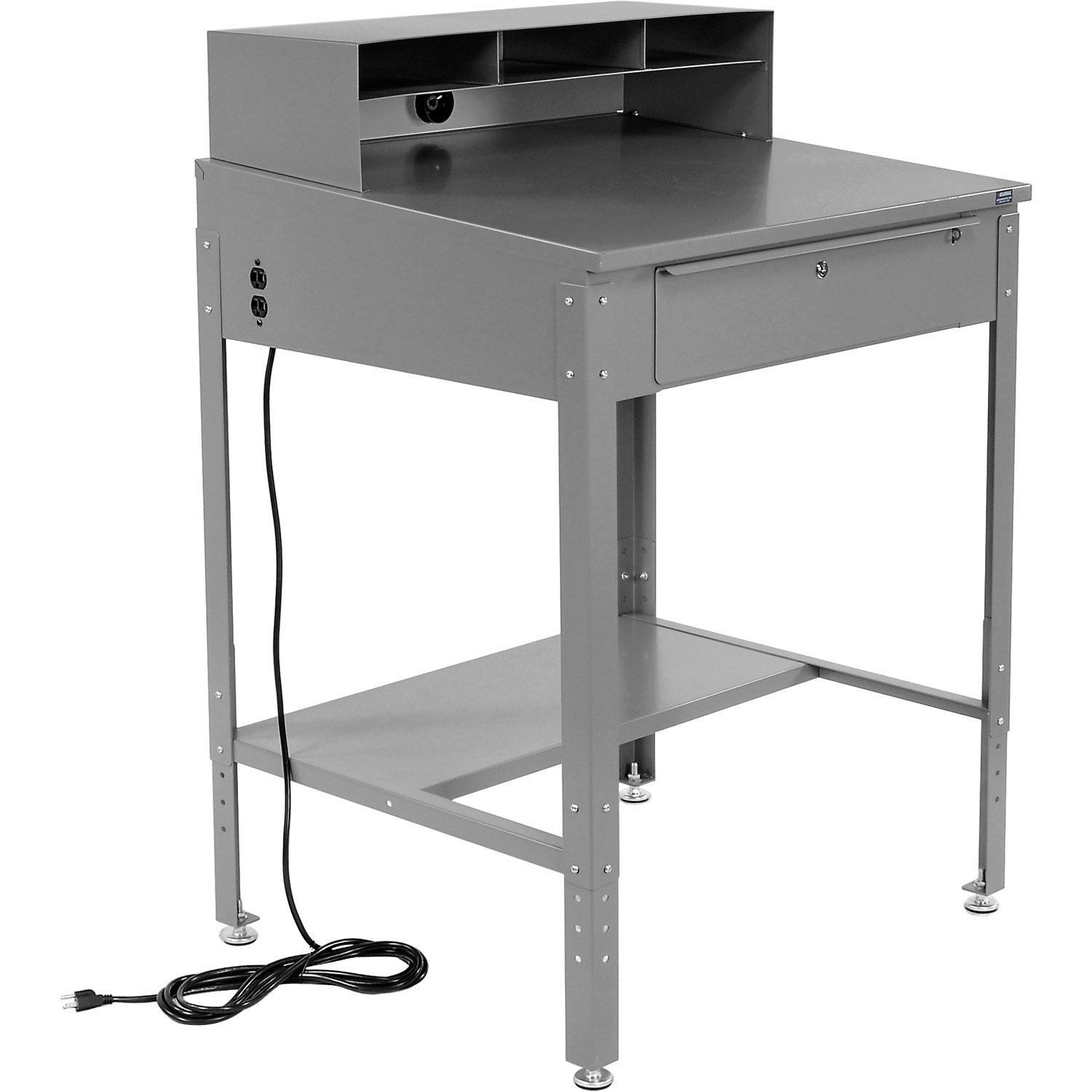 34-1/2"W x 30"D x 38"H Shop Desk with Pigeonhole Riser Electrical Outlets Sloped