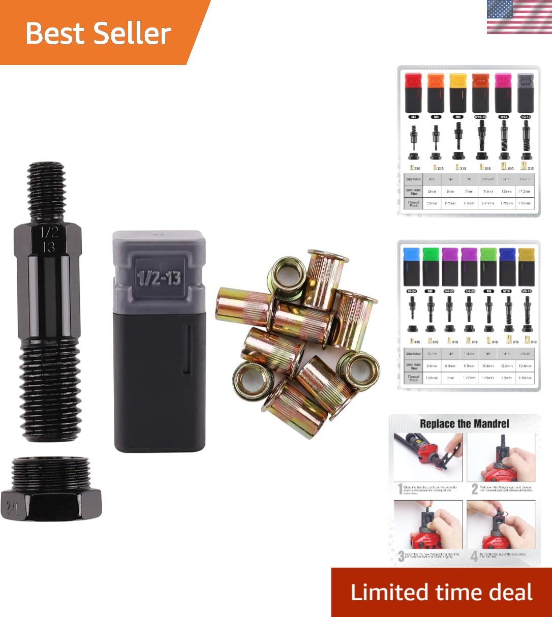 Efficient Rivet Nut Tool Set with 1/2-13 Mandrel & 10 Corrosion-Resistant Nuts
