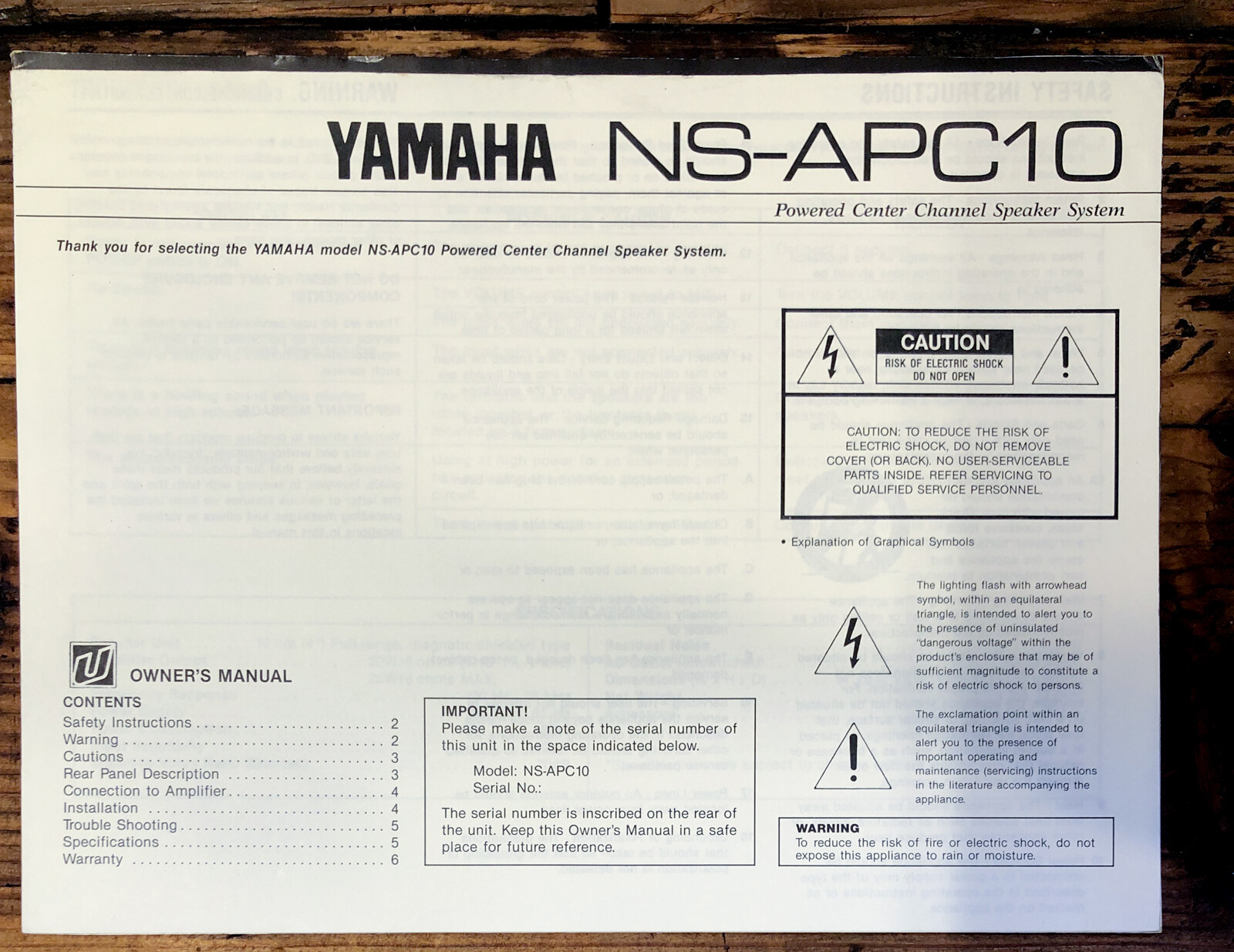 Yamaha NS-APC10 Speaker  Owner / User Manual *Original*
