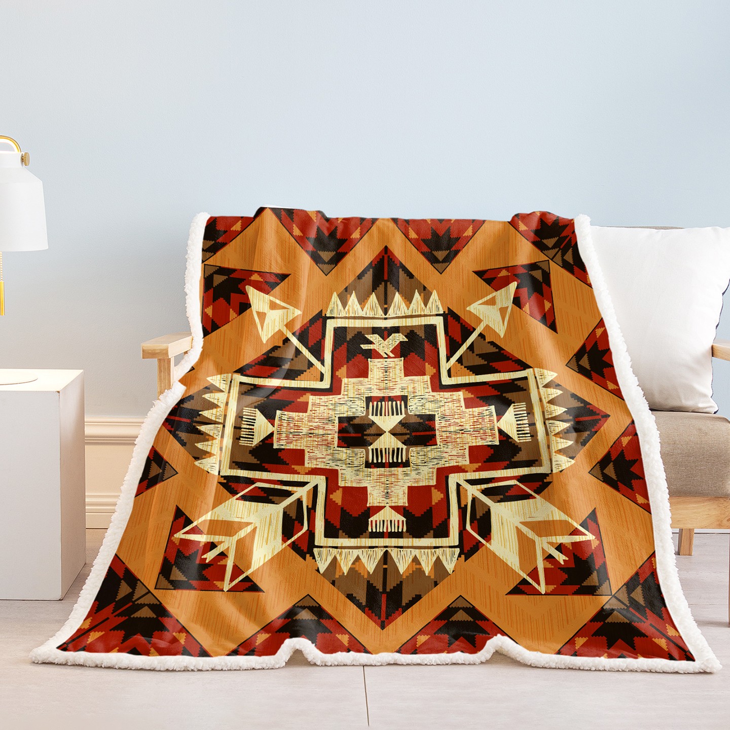 Orange Sherpa Fleece Blanket 90"x90" for Bed Couch Geometry Blanket Reversible