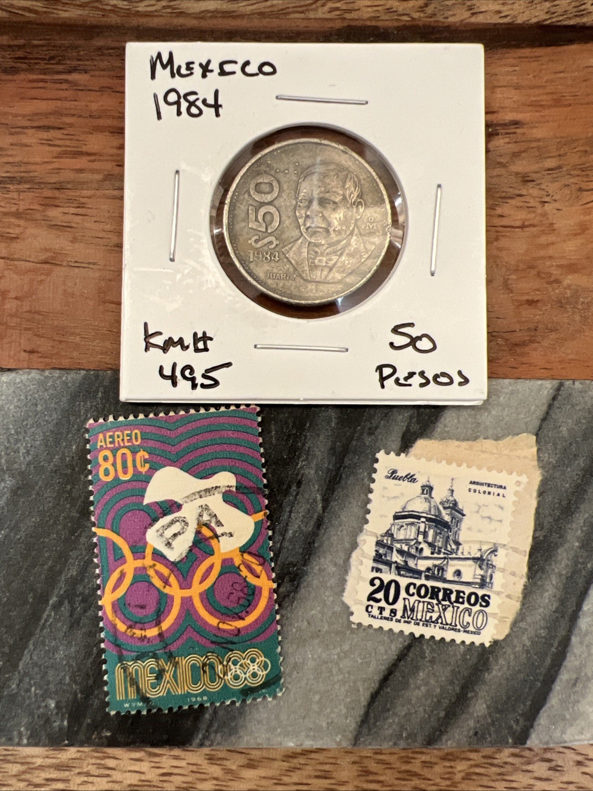 1984 Mexico 50 Pesos Coin Benito Juarez & Mexican Cancelled Stamps Lot 1968