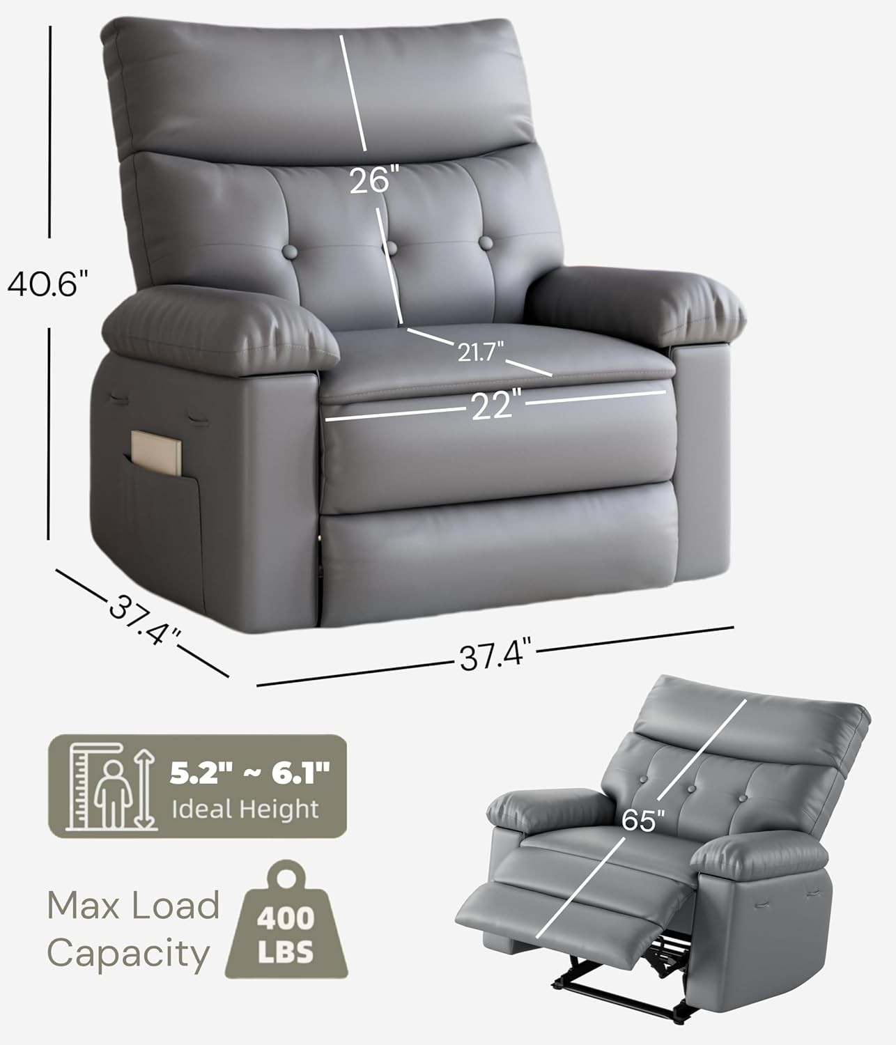 Oversized Recliner Chair, PU Leather Manual Recliner, Reclining Chair for Adults