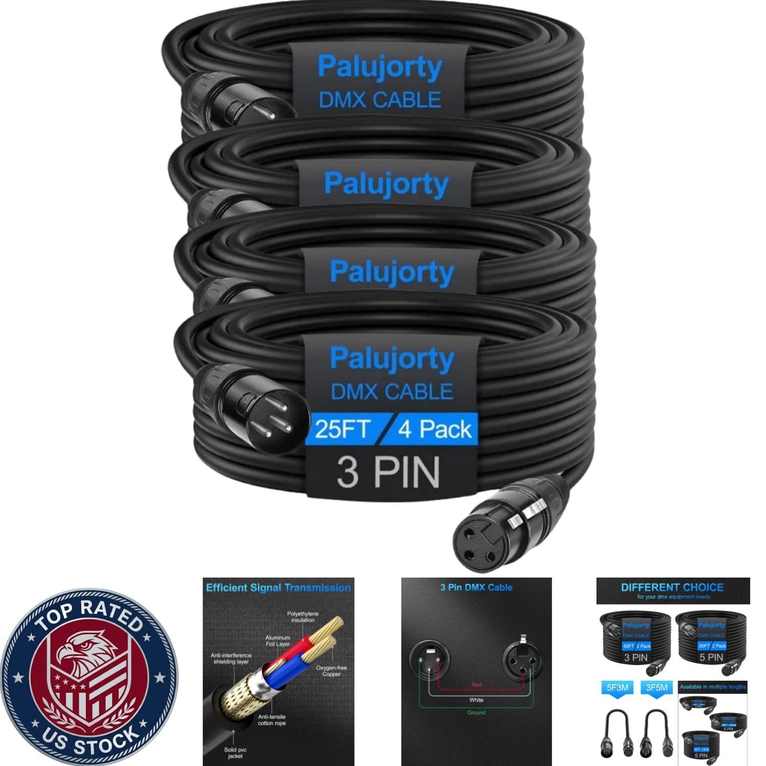 Coiled 25 FT 4 Pack DMX Cables - Superior Shielding for Pristine Signals