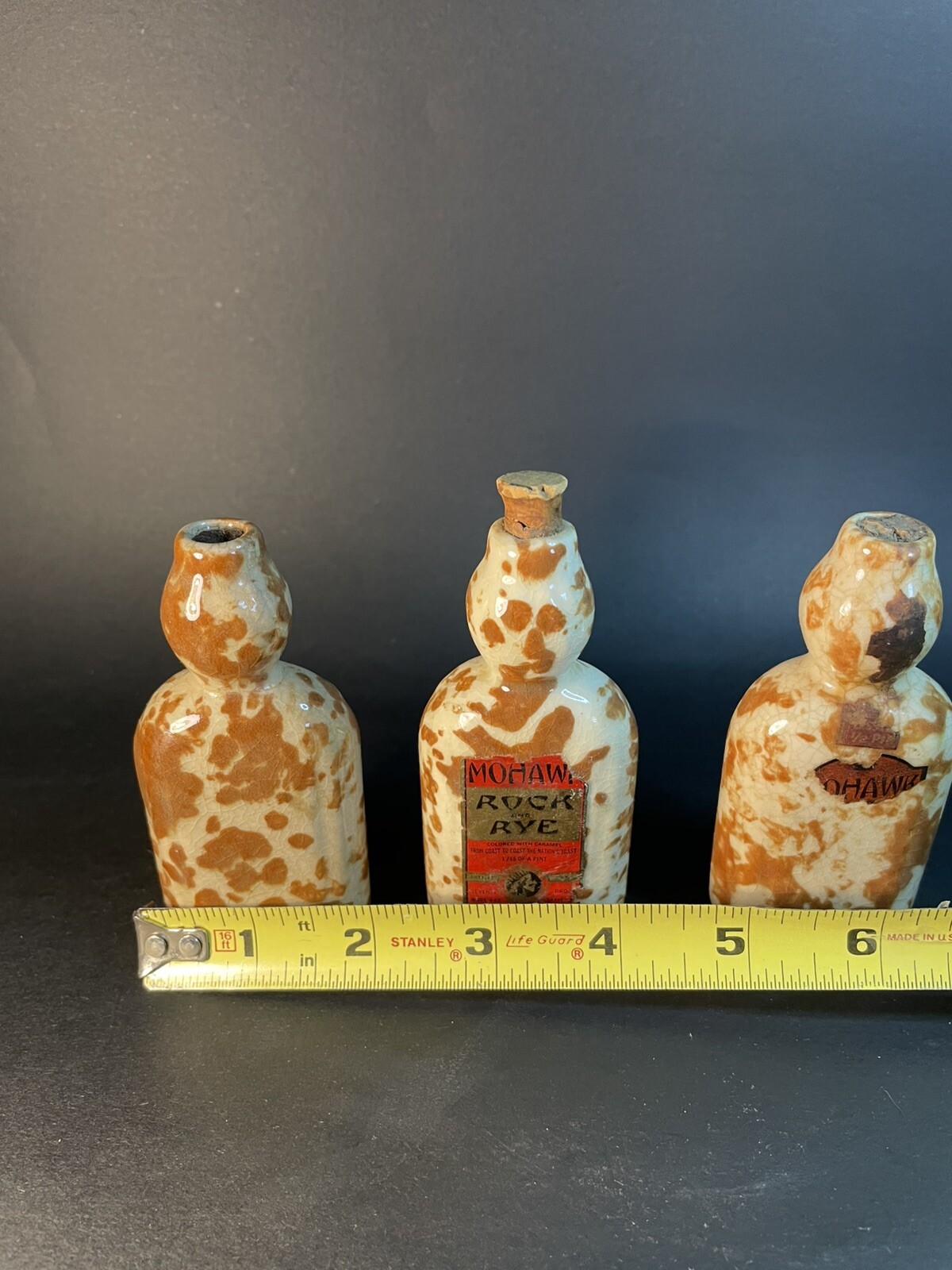 Mohawk Rock & Rye Stoneware Bottles, orig label On One -empty - Crazing