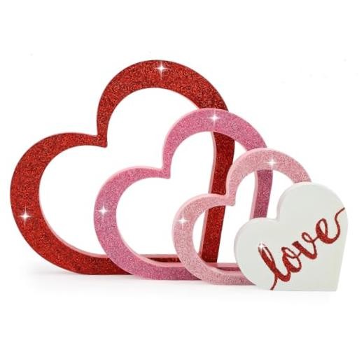 COCHIE Wooden Hearts Valentine's Day Decorations Indoor, Wood Heart Glitter