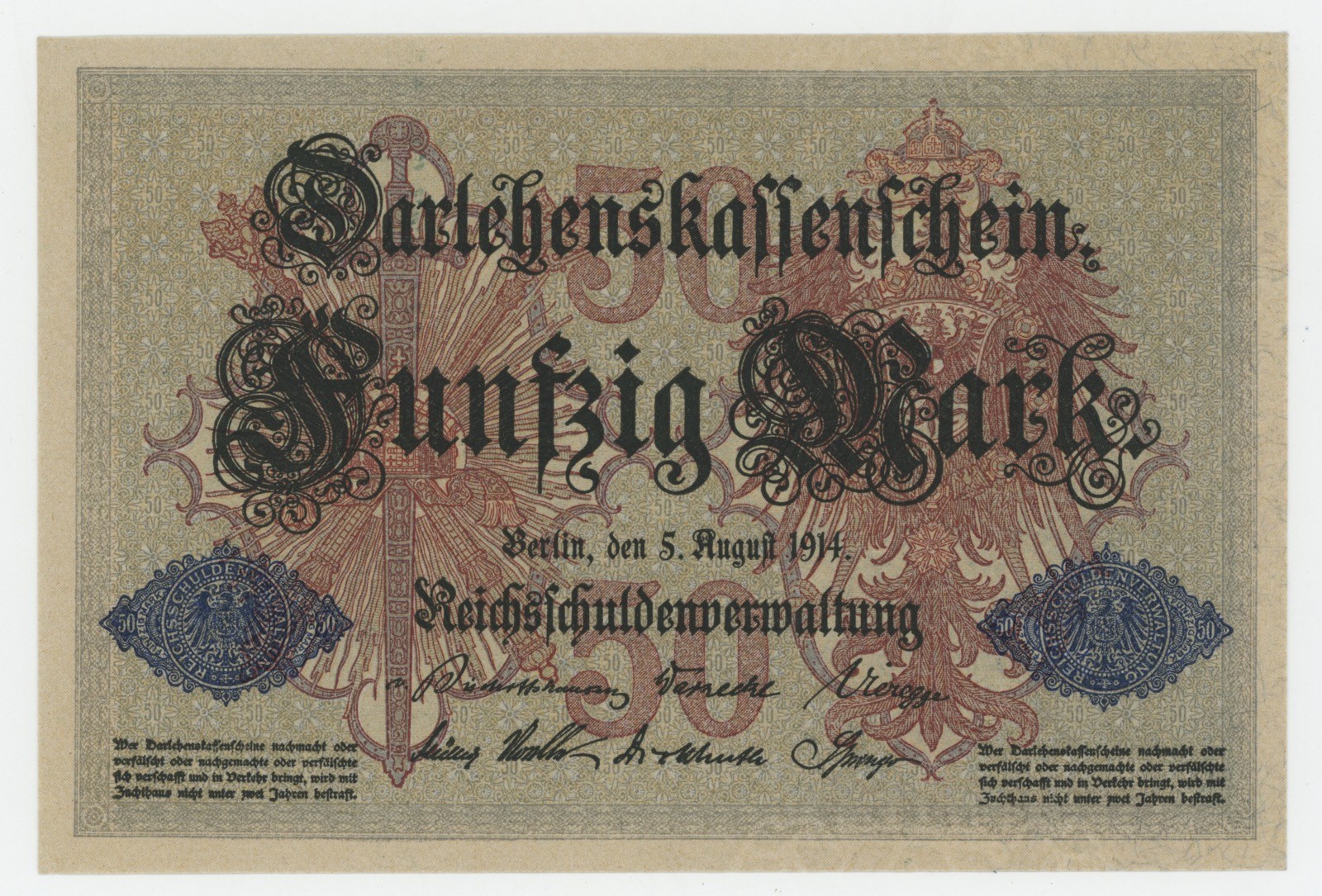 Germany 50 Marks 8-5-1914 Pick 49.b aUNC Almost Uncirculated Banknote