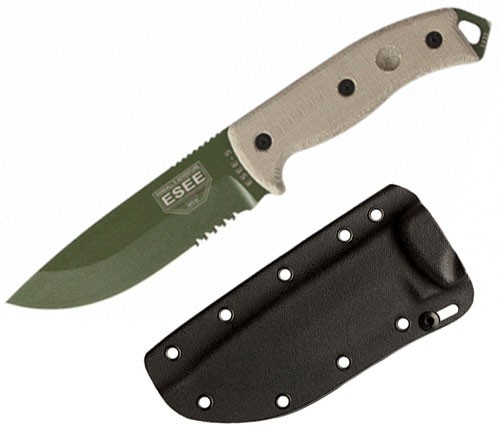 ESEE 5S-OD-E ESEE 5 Fixed Blade Knife, OD Blade, Partially Serrated, Black Kydex
