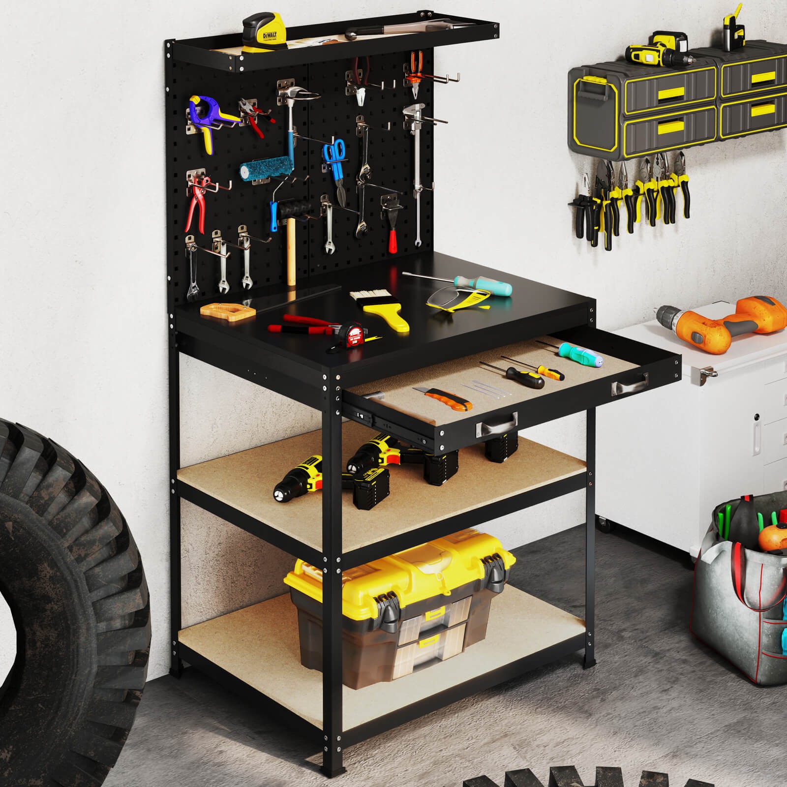 32" x 16" Workbench with Pegboard 20PCS Tool Hooks Drawer and Open Shelves