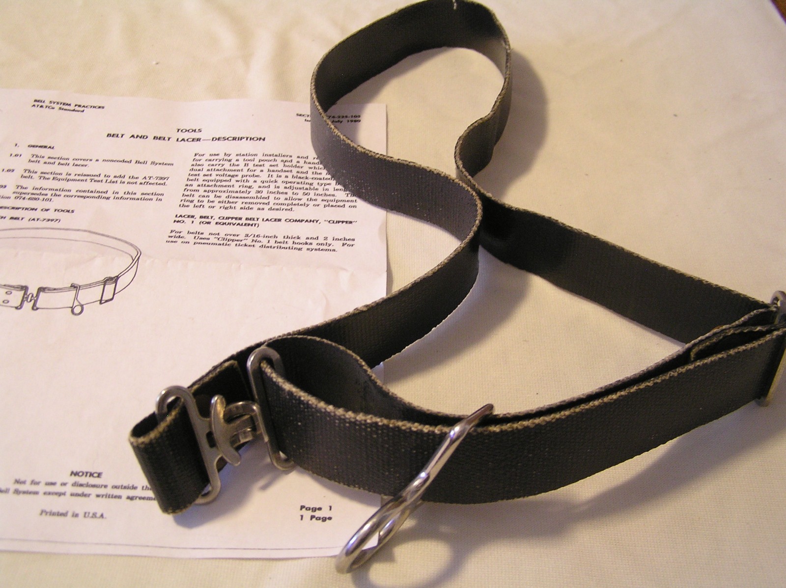 Bell System Telephone Installers Tool Kit Belt with Test  Set hook 1 1/4" wide