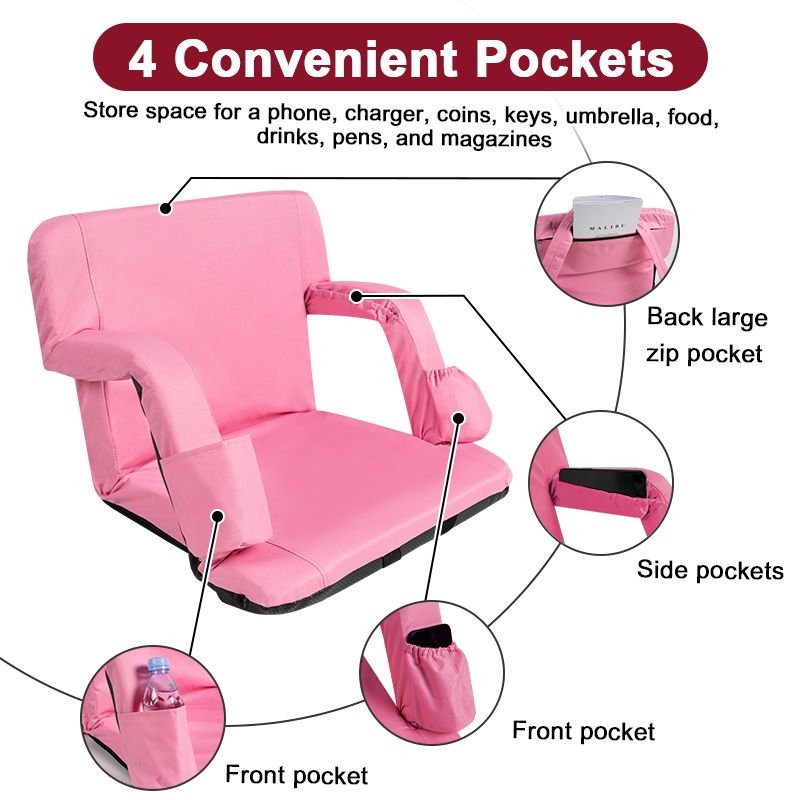 18" Extra Wide Portable Reclining Folding Chair 4 Pockets and Shoulder Straps