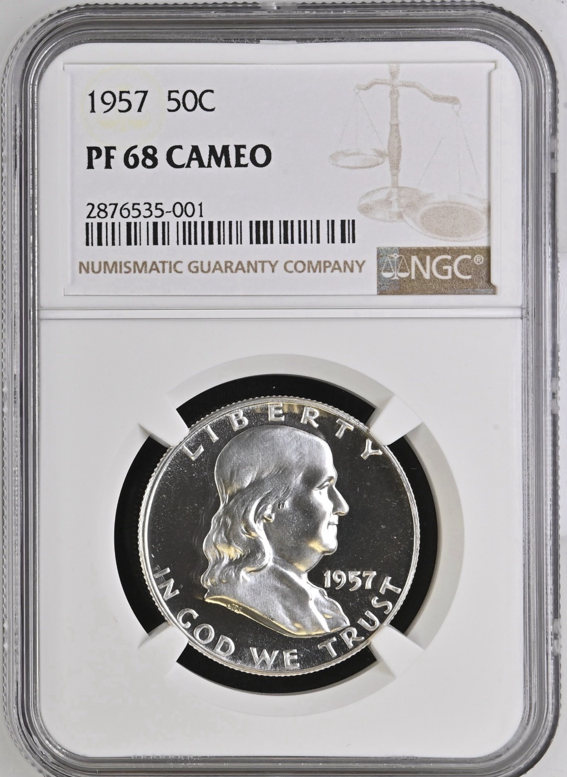 1957 Franklin Half Dollar, 50c, NGC, PF 68 Cameo, PR68CAM