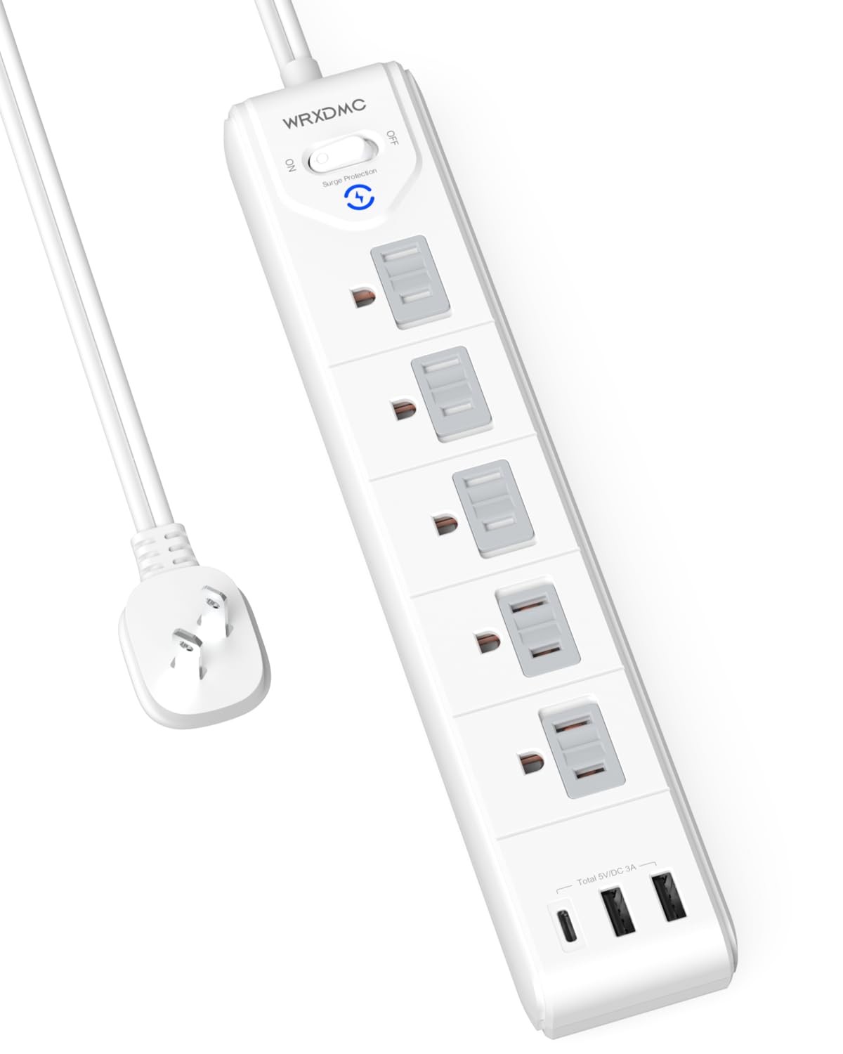 2 Prong Power Strip, WRXDMC 2 to 3 Outlet Adapter, 5 Ft, White