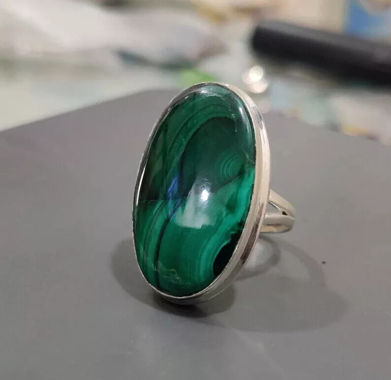 925 Sterling Silver Handmade Malachite Gemstone Statement Ring All Size R198