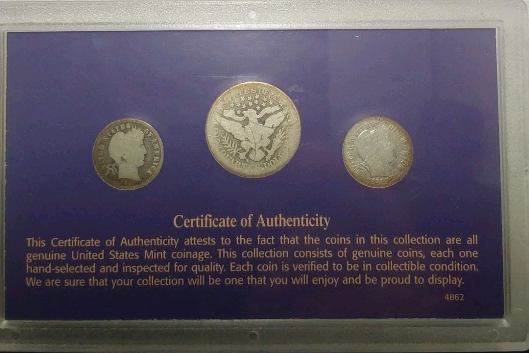 Barber 3 Coin Circulated Collection 1907 D Dime, 1911 Dime & 1915 Quarter COA