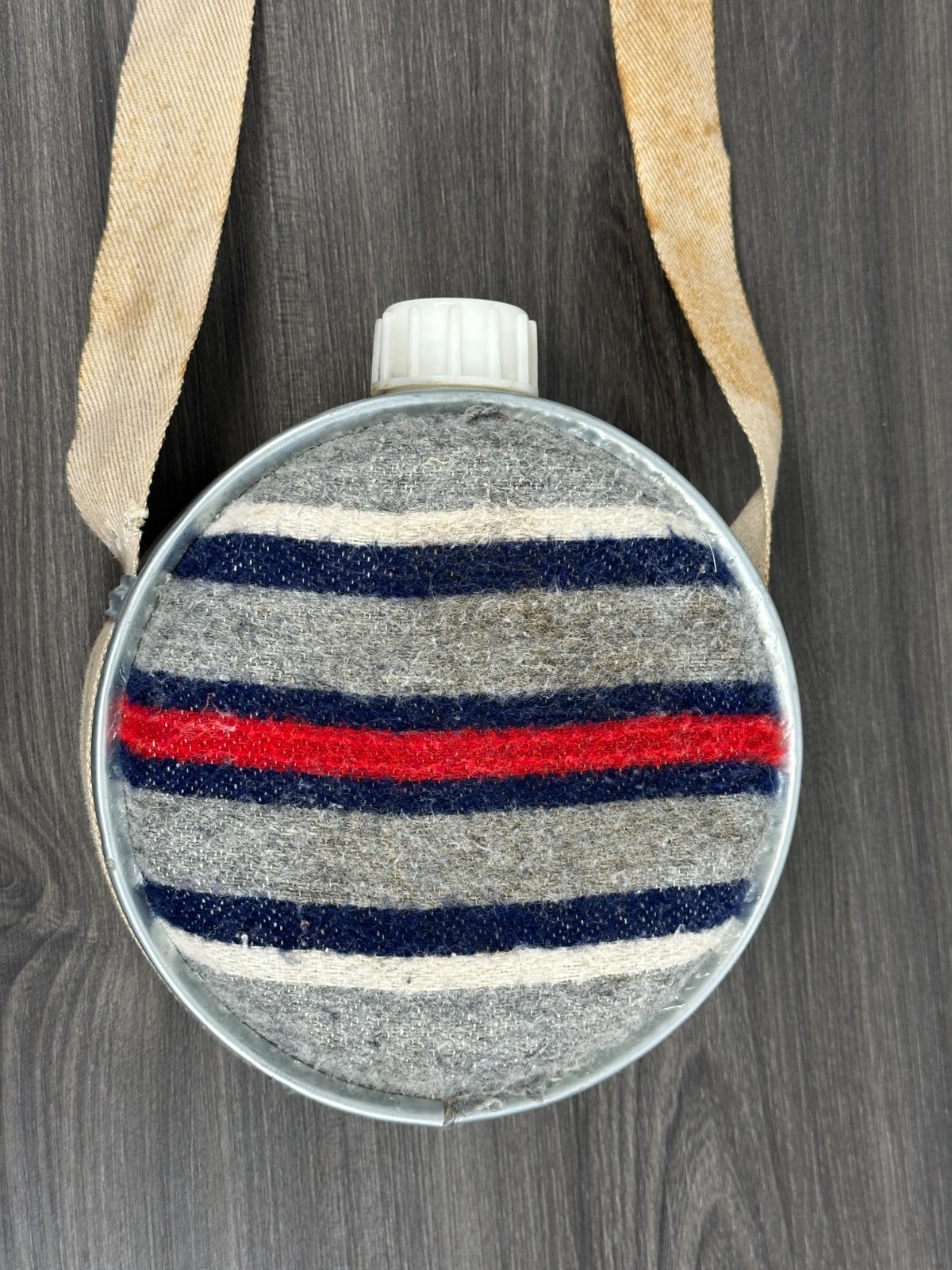 Vintage Galvanized Canteen Metal Wool Felt Covered with Strap