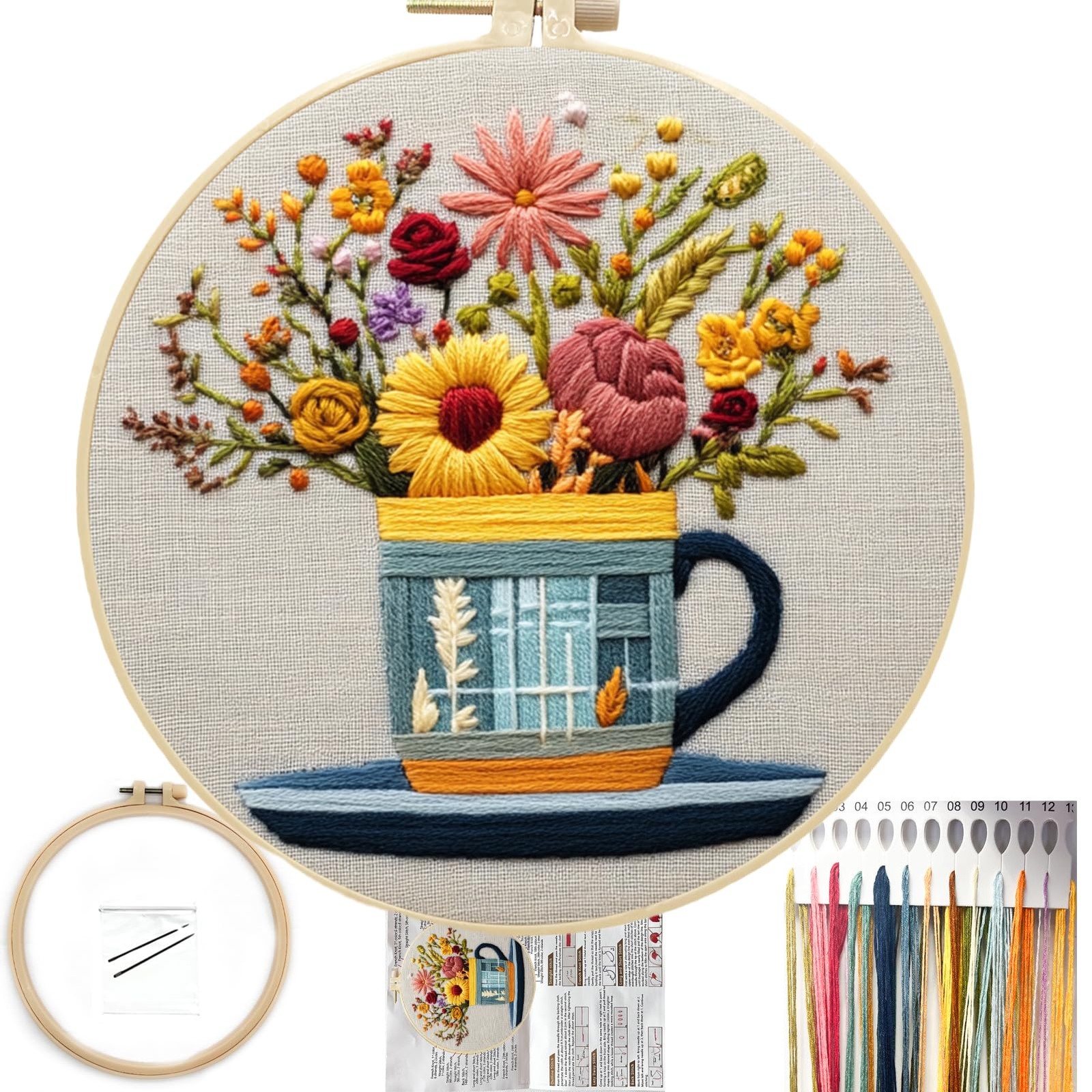 FONNUY Floral Embroidery Kit for Beginners, Colorful 8 inches x 8 inches, Cup