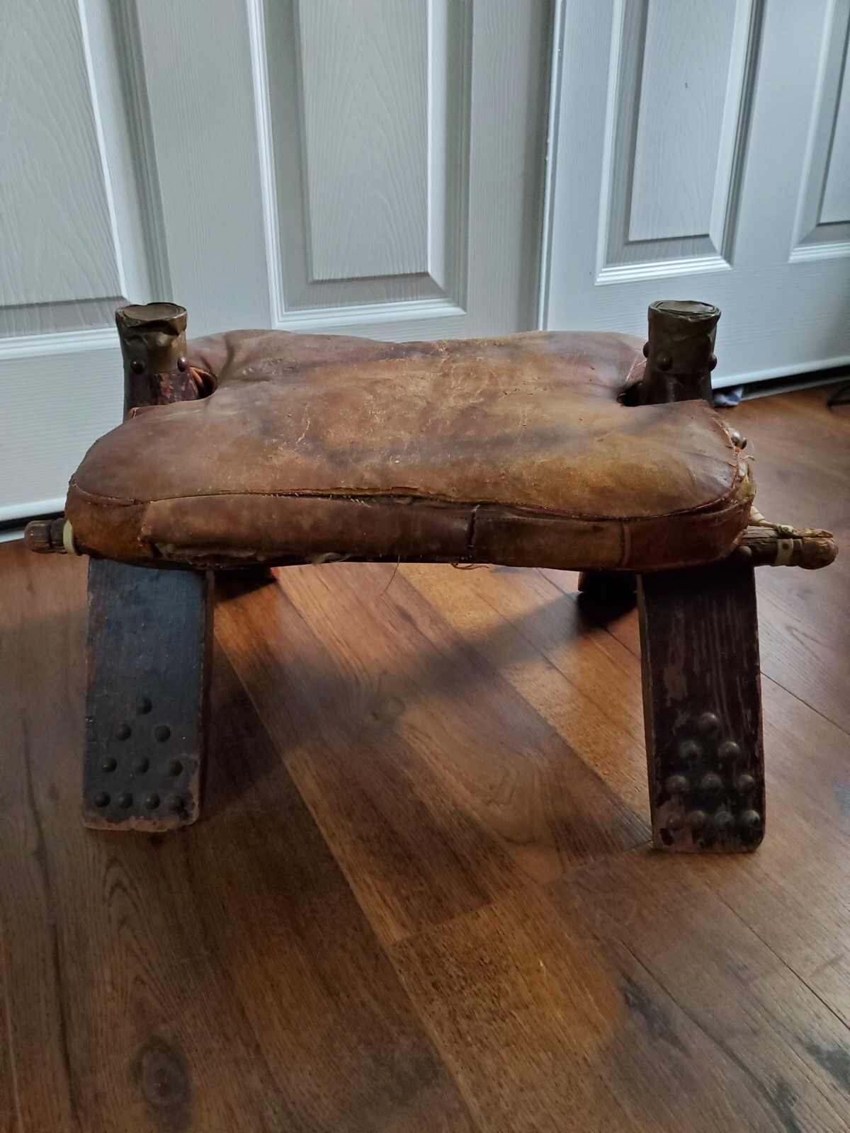 EGYPTIAN Distressed Camel Saddle Brown Cushion Foot Stool Ottoman Vintage Brass